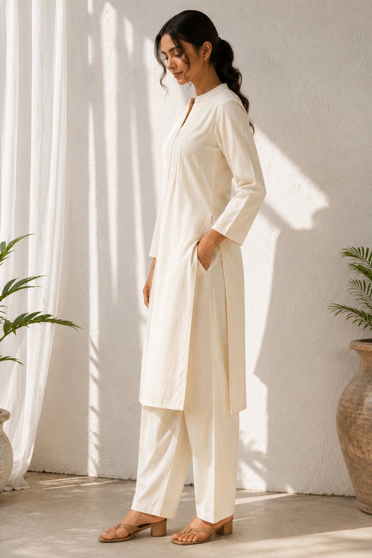 White Pin Tucked Cotton Straight Kurta & Pants Set