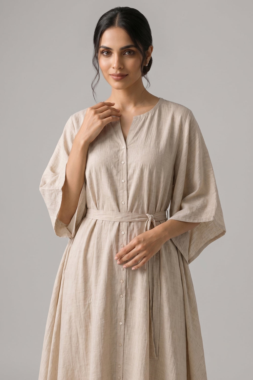 Beige Belted Kaftan Style Cotton Kurta Set