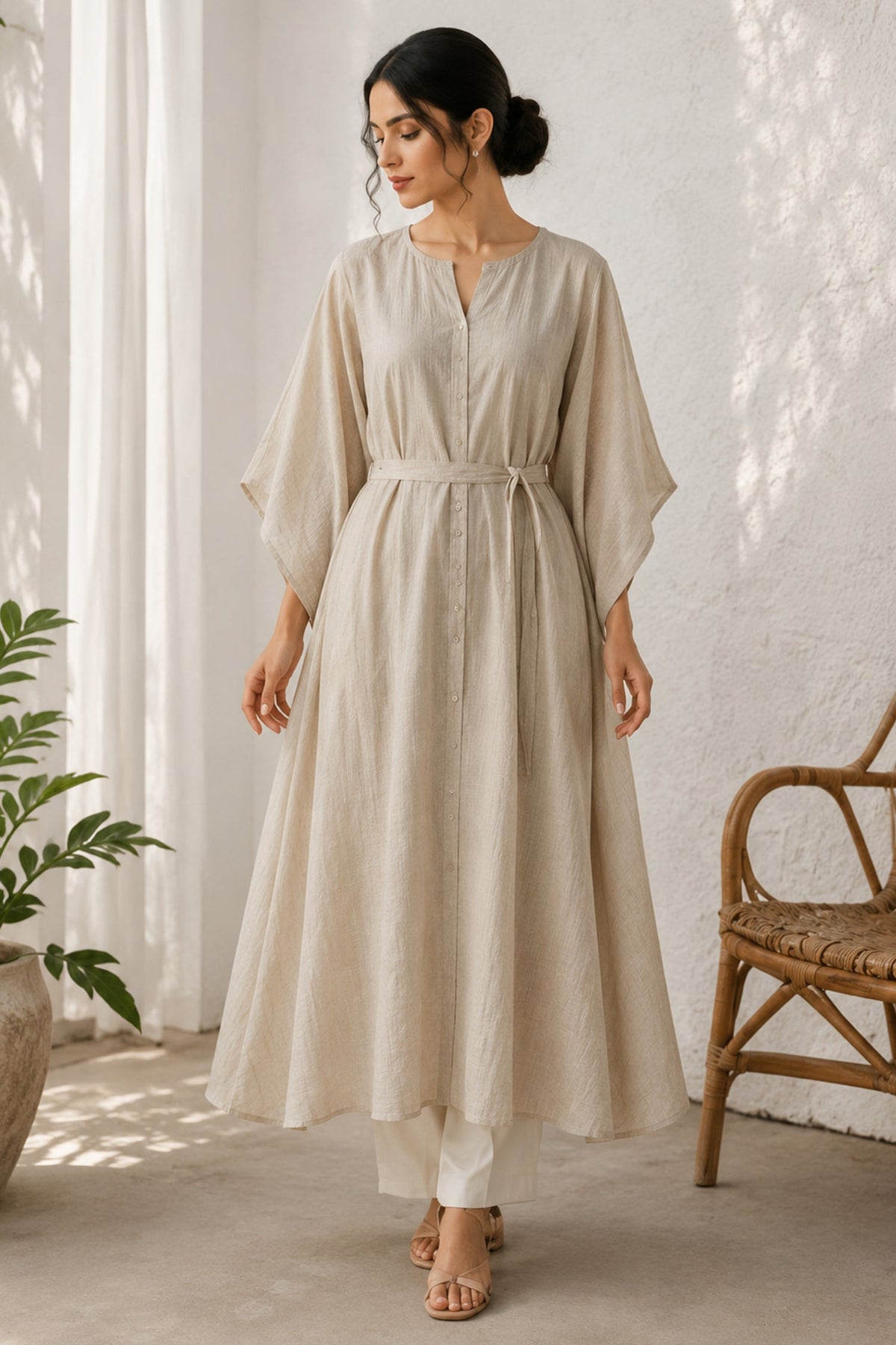 Beige Belted Kaftan Style Cotton Kurta Set