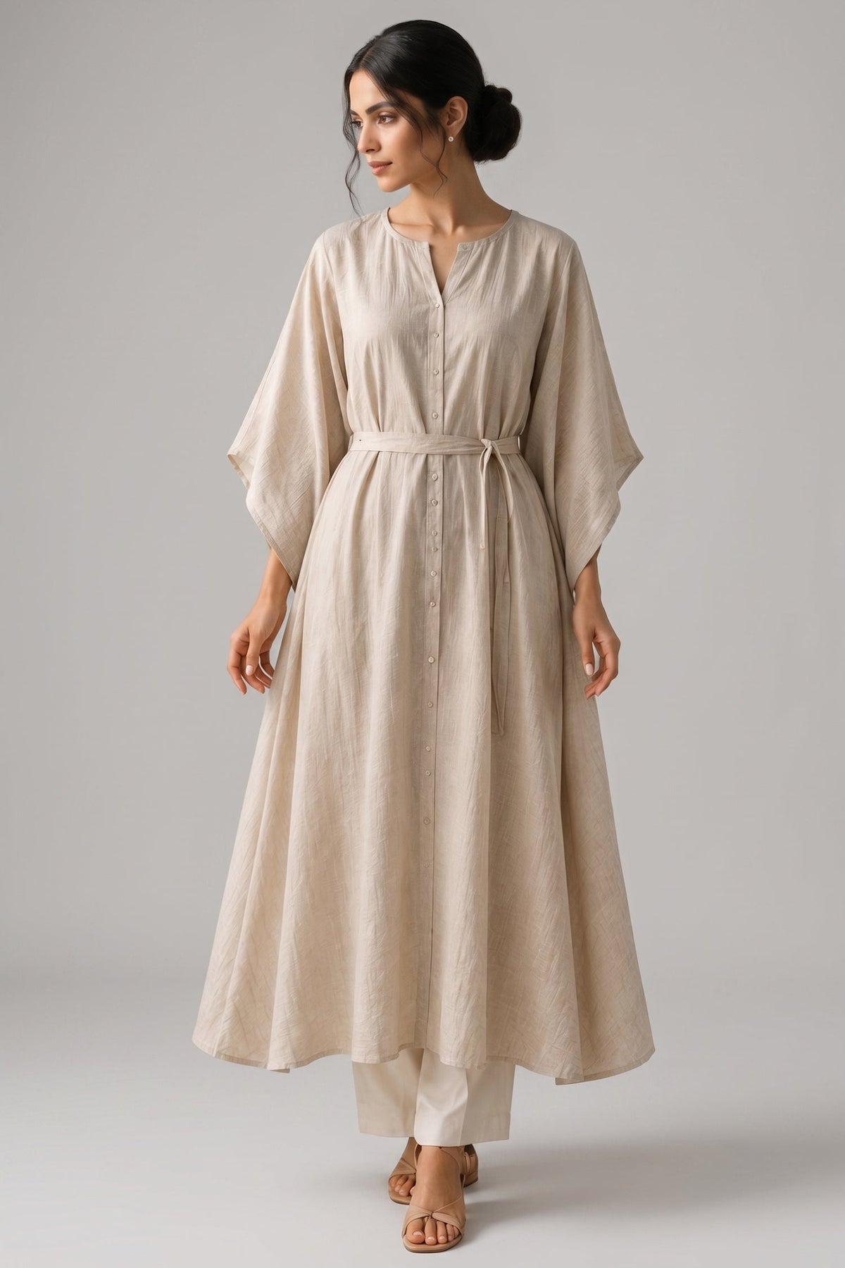 Beige Belted Kaftan Style Cotton Kurta Set