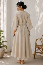 Beige Belted Kaftan Style Cotton Kurta Set