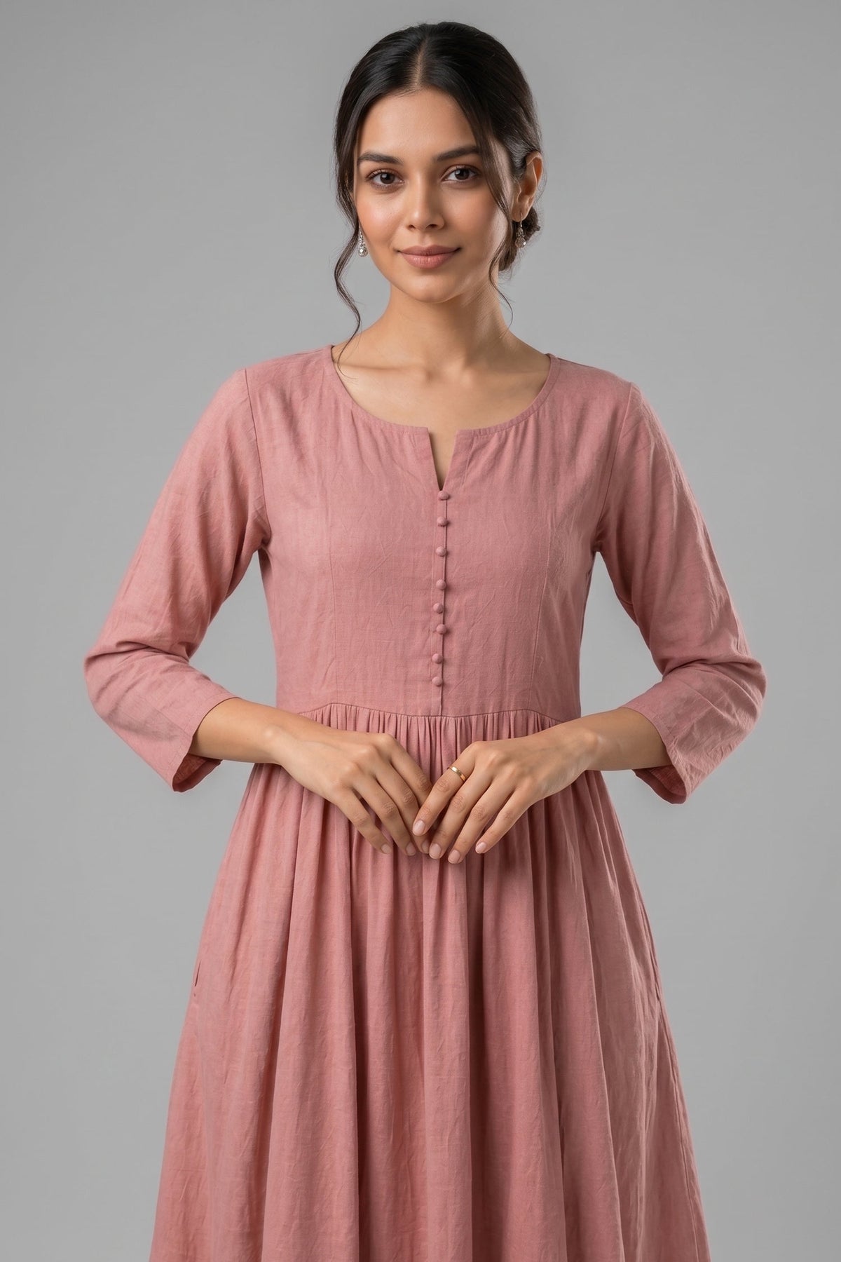 Pink Cotton Gathered Flared Maxi Dress
