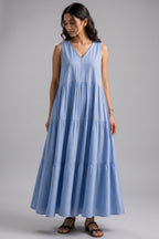Cerulean Blue Sleeveless V Neck Gathered Flared Dress