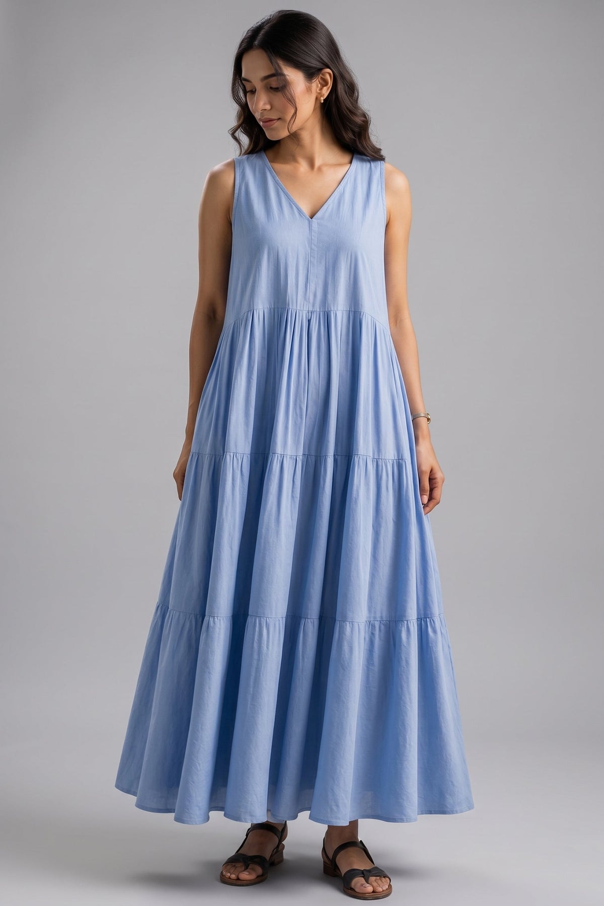 Cerulean Blue Sleeveless V Neck Gathered Flared Dress