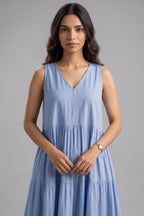 Cerulean Blue Sleeveless V Neck Gathered Flared Dress