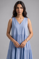 Cerulean Blue Sleeveless V Neck Gathered Flared Dress