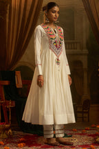 Off White Cotton Anarkali Kurti with Vibrant Kutchi Yoke & Tassels