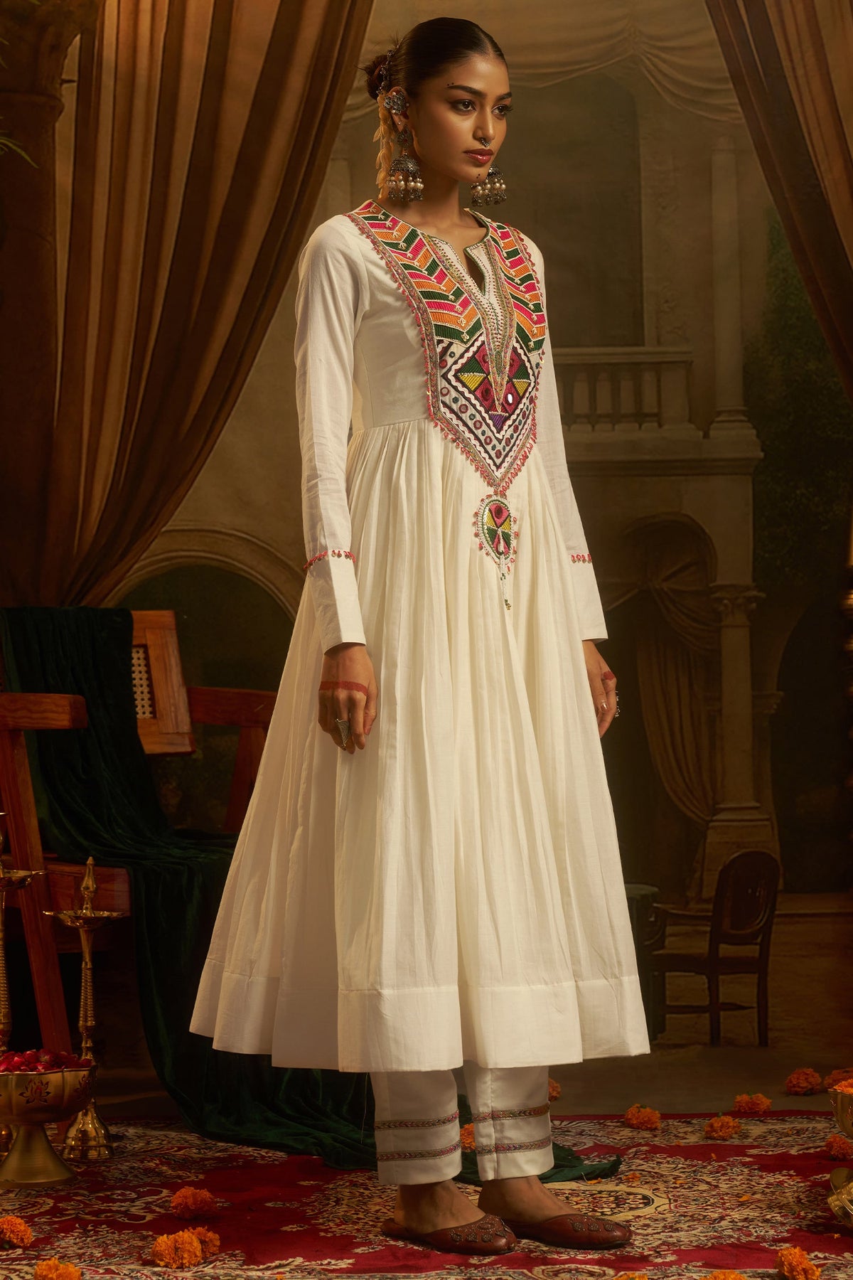 Off White Cotton Anarkali Kurti with Vibrant Kutchi Yoke & Tassels