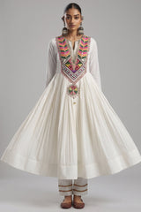 Off White Cotton Anarkali Kurti with Vibrant Kutchi Yoke & Tassels