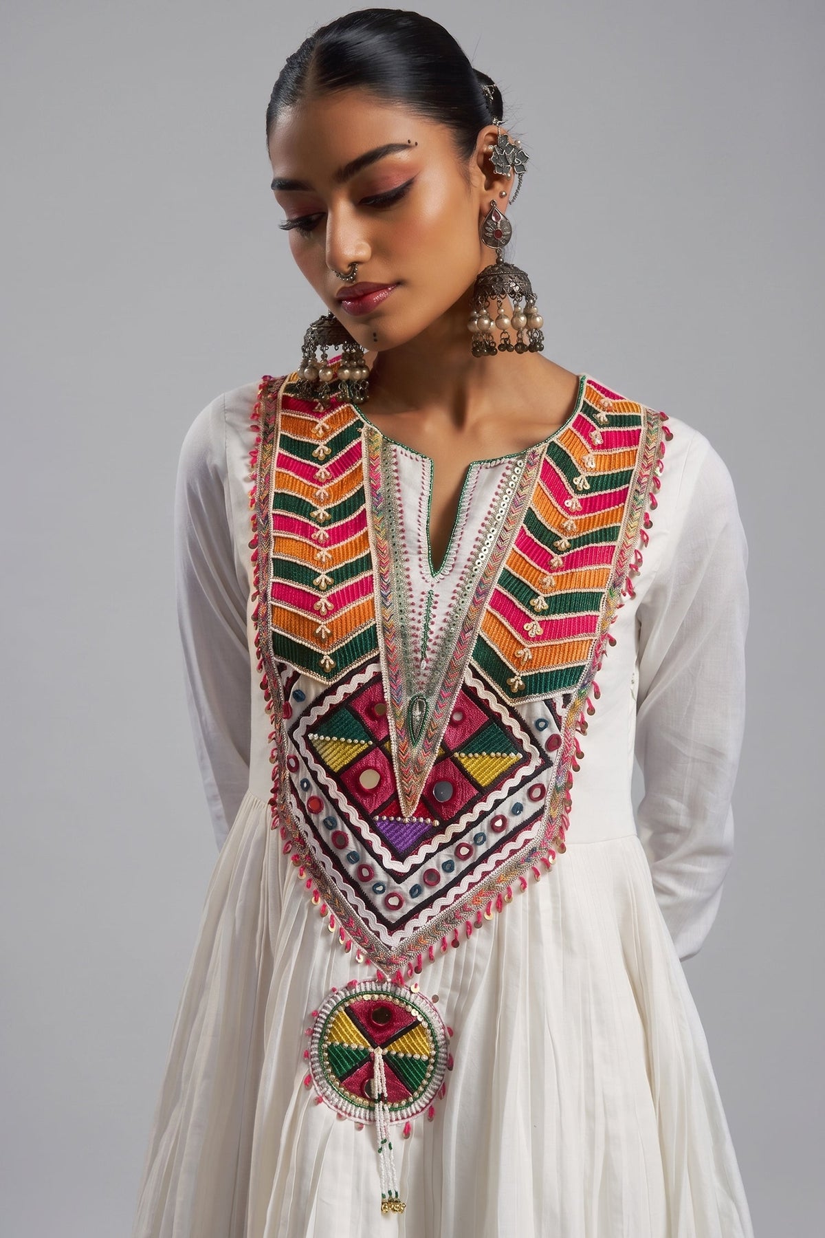 Off White Cotton Anarkali Kurti with Vibrant Kutchi Yoke & Tassels
