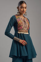Teal Blue Cotton Kutchi Embroidered Short Kurta with Sharara Set