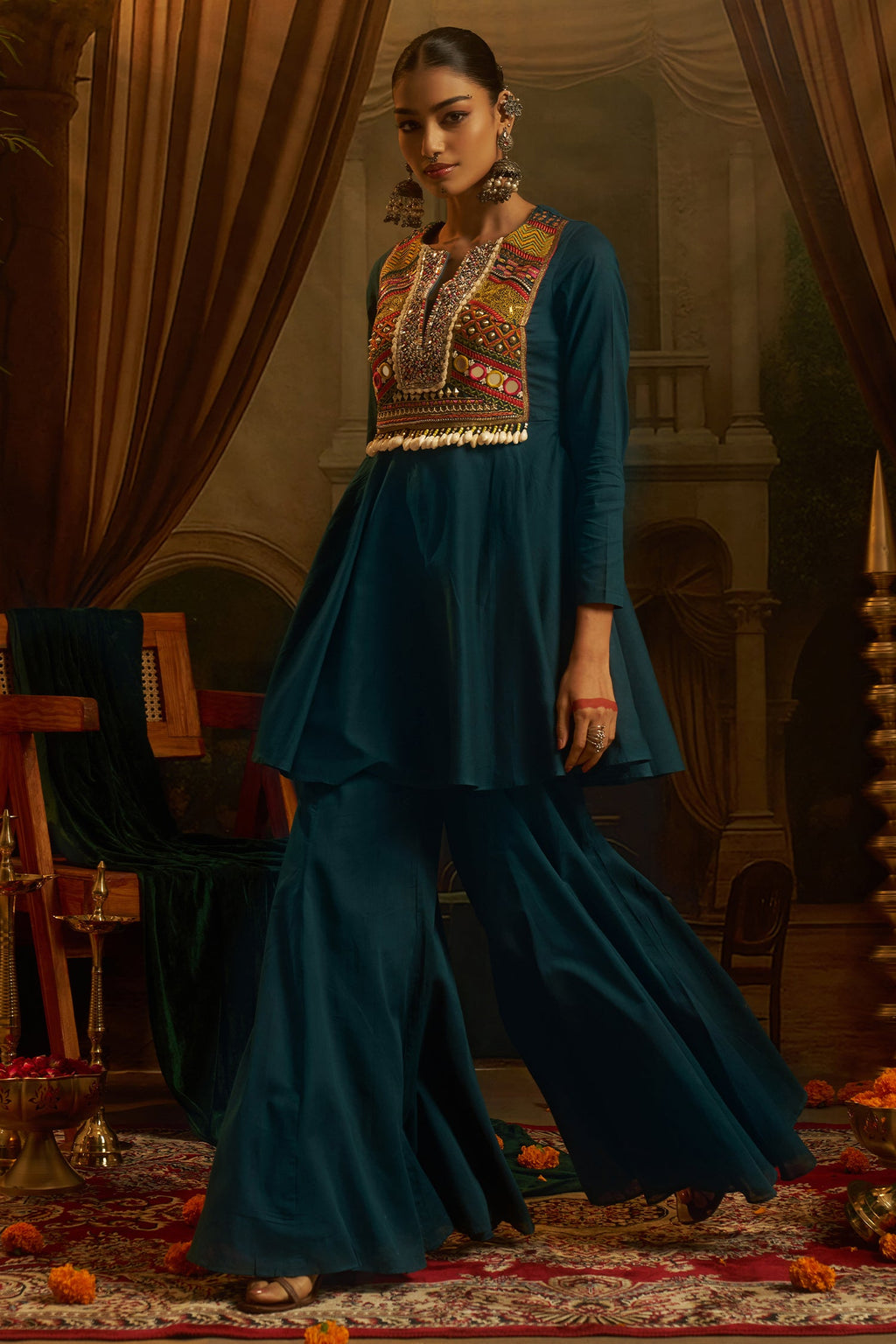 Teal Blue Cotton Kutchi Embroidered Short Kurta with Sharara Set