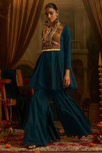 Teal Blue Cotton Kutchi Embroidered Short Kurta with Sharara Set