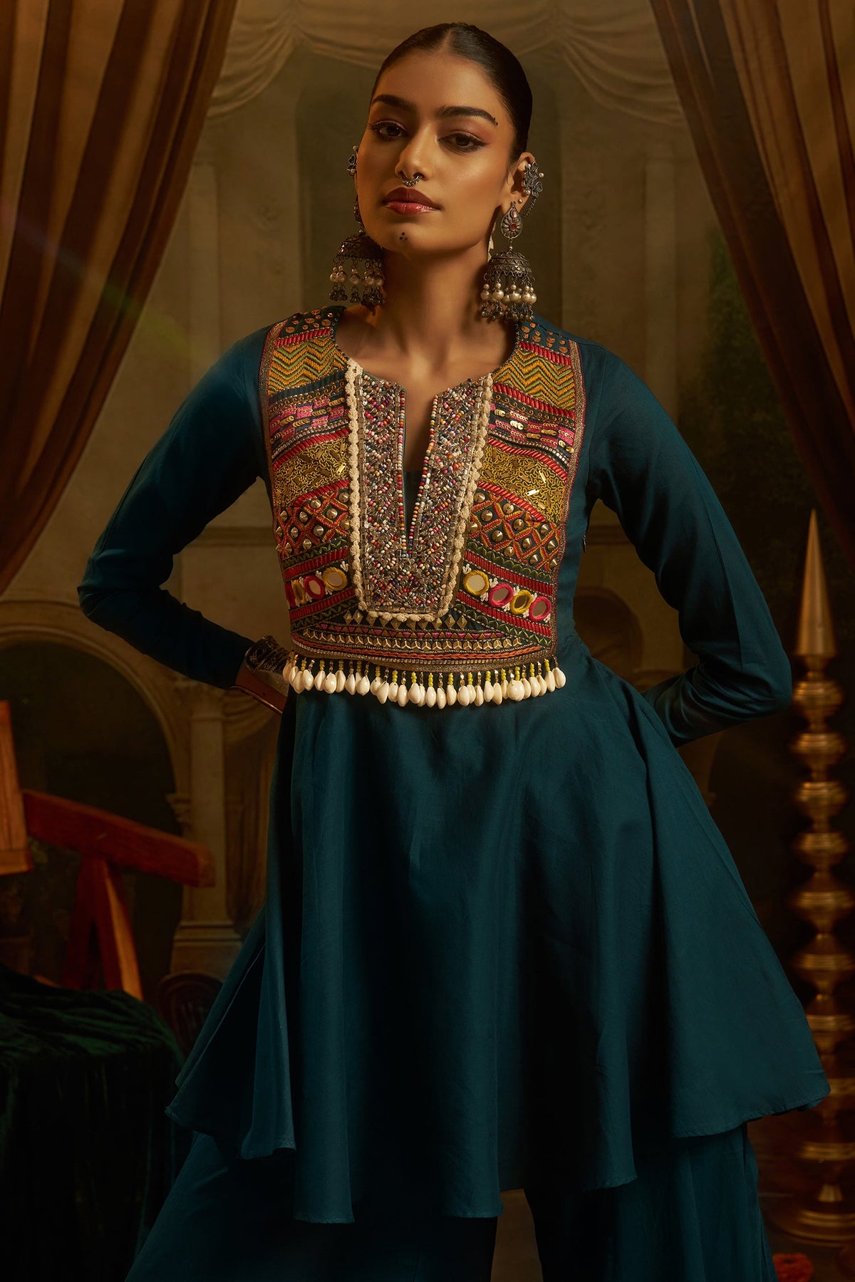 Teal Blue Cotton Kutchi Embroidered Short Kurta with Sharara Set