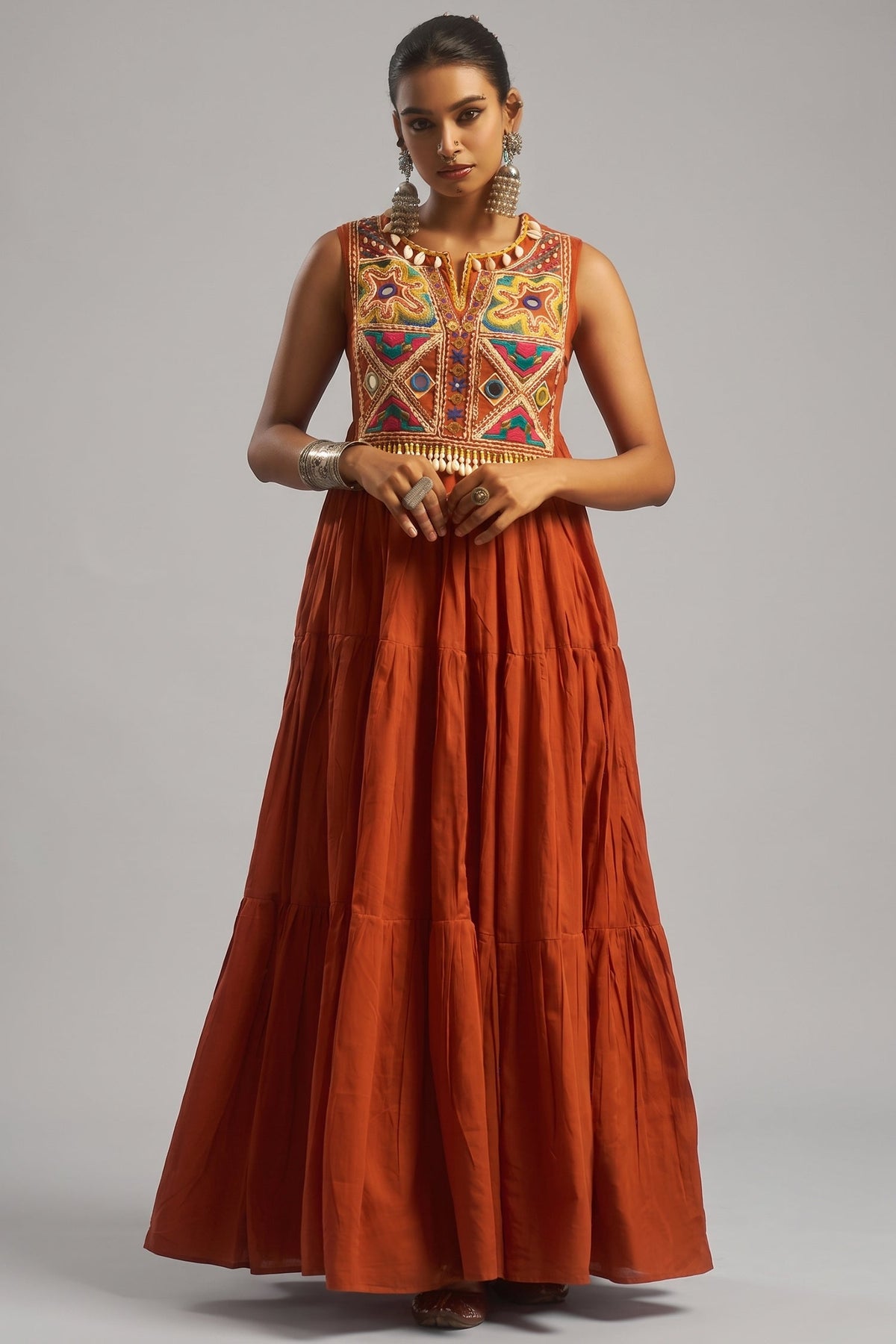 Rust Orange Cotton Kutchi Embroidered Kurti