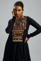 Black Cotton Kutchi Hand Embroidered Flared Kurta with Pant