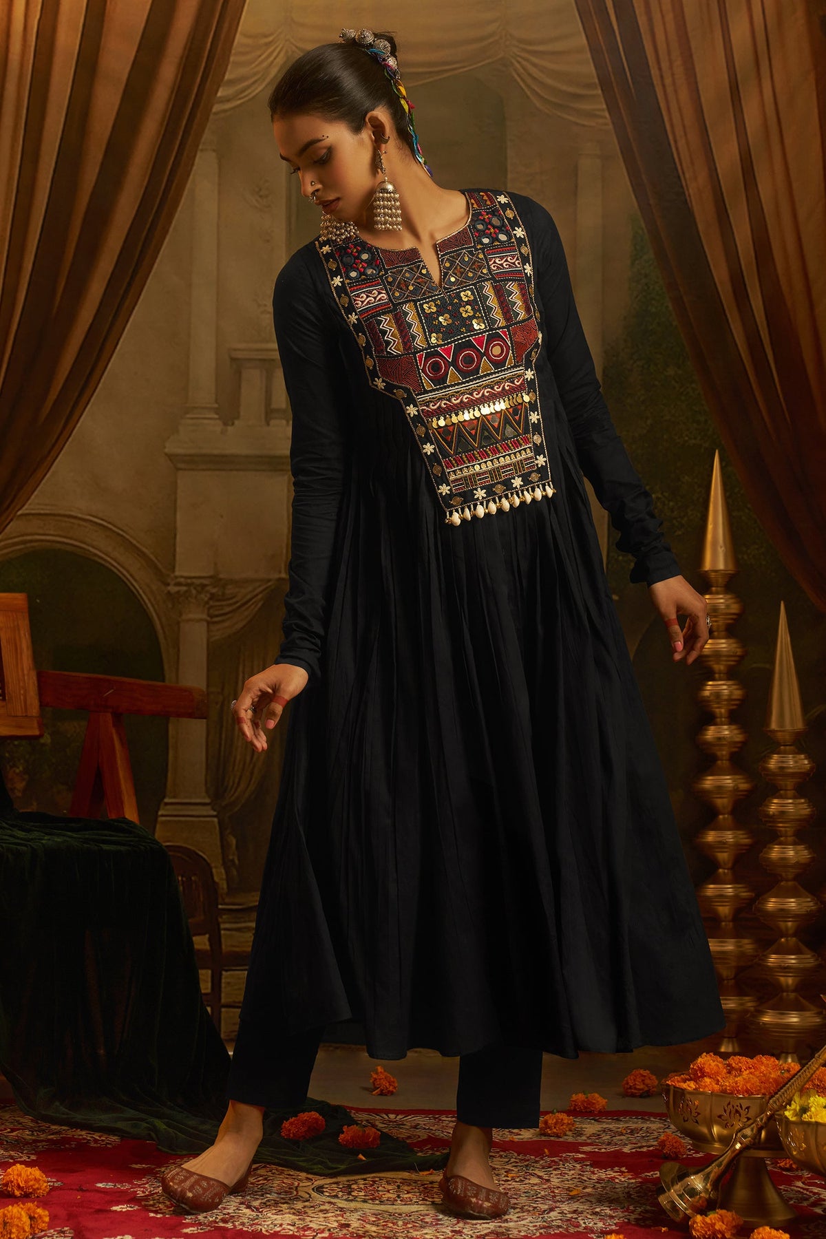 Black Cotton Kutchi Hand Embroidered Flared Kurta with Pant