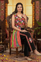 Black Chinon Embroidered Top with Bandhani Drape and Pants Set