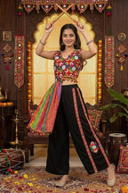 Black Chinon Embroidered Top with Bandhani Drape and Pants Set