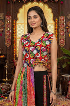 Black Chinon Embroidered Top with Bandhani Drape and Pants Set