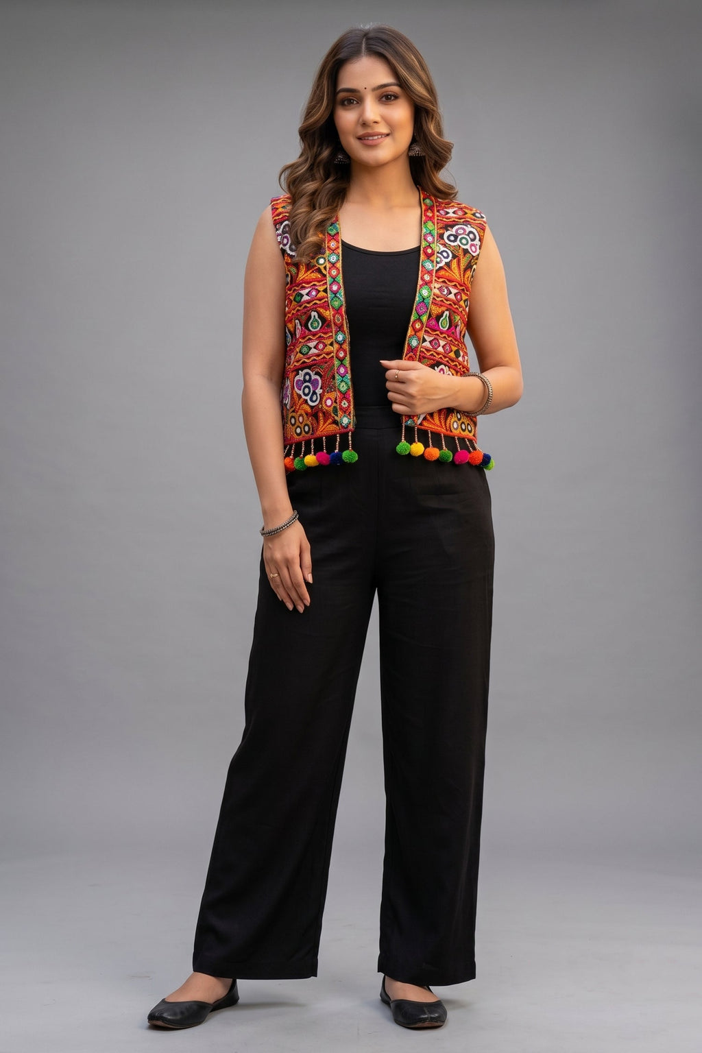 Black Cotton Kutchi Mirror Work Jacket