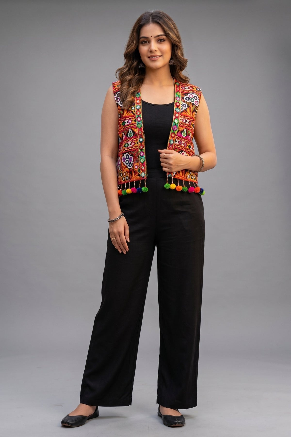 Black Cotton Kutchi Mirror Work Jacket