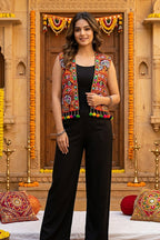 Black Cotton Kutchi Mirror Work Jacket