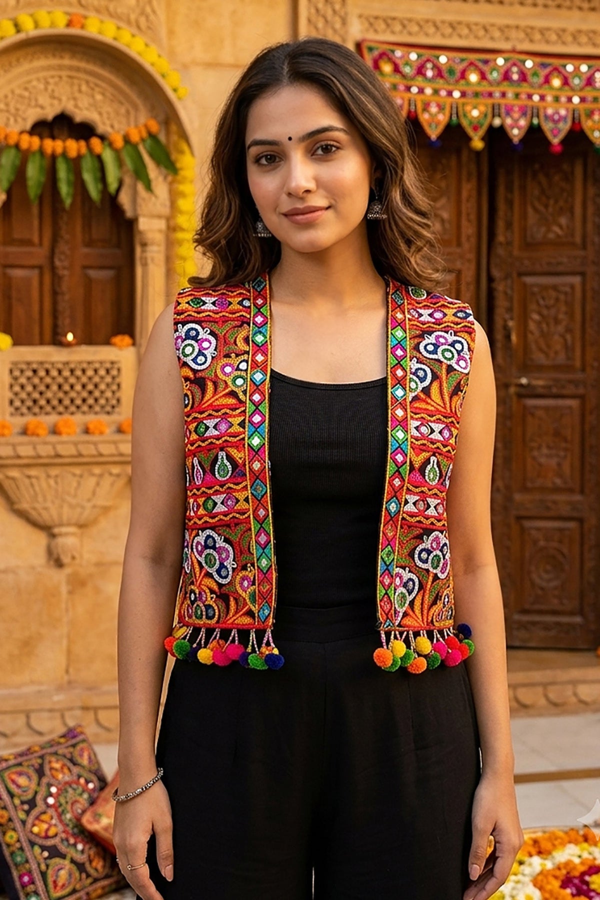 Black Cotton Kutchi Mirror Work Jacket