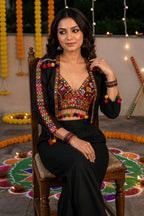 Black Cotton Kutchi Embroidered Crop Jacket