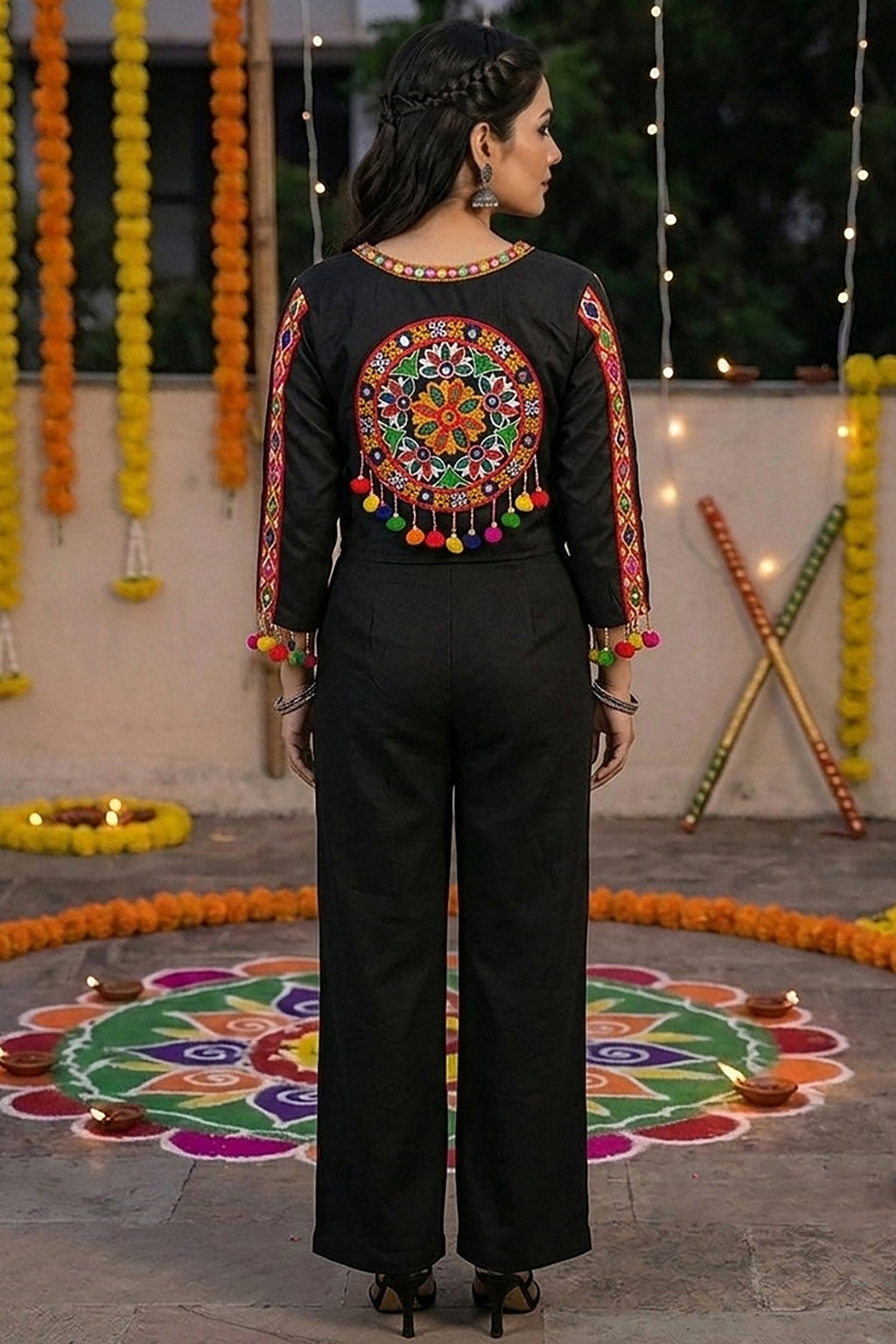 Black Cotton Kutchi Embroidered Crop Jacket