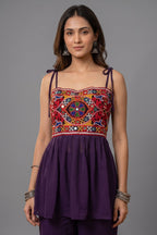 Purple Georgette Kutchi Mirror Work Peplum Top