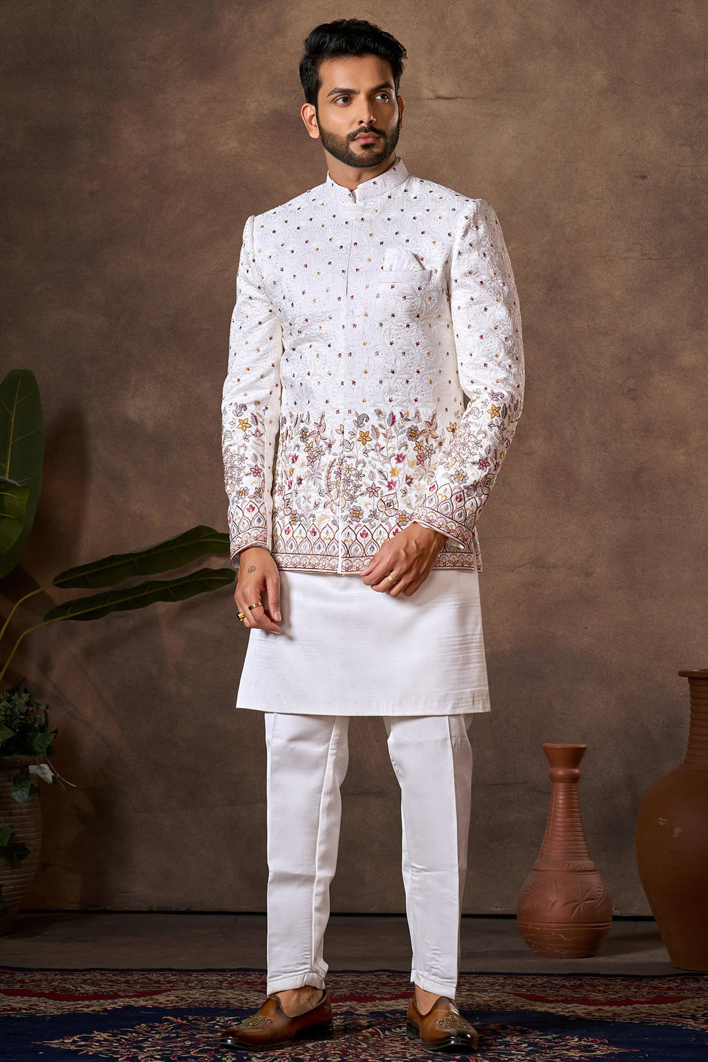 Pearl White Embroidered Kurta Pajama with Jacket