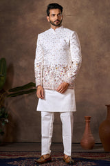 Pearl White Embroidered Kurta Pajama with Jacket