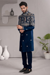 Blue Satin Silk Embroidered Indo Western Set
