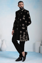 Black Silk Embroidered Jacket Indo Western Set