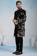 Black Silk Embroidered Jacket Indo Western Set