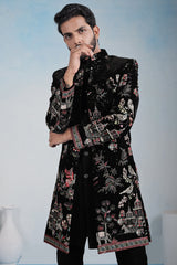 Black Silk Embroidered Jacket Indo Western Set