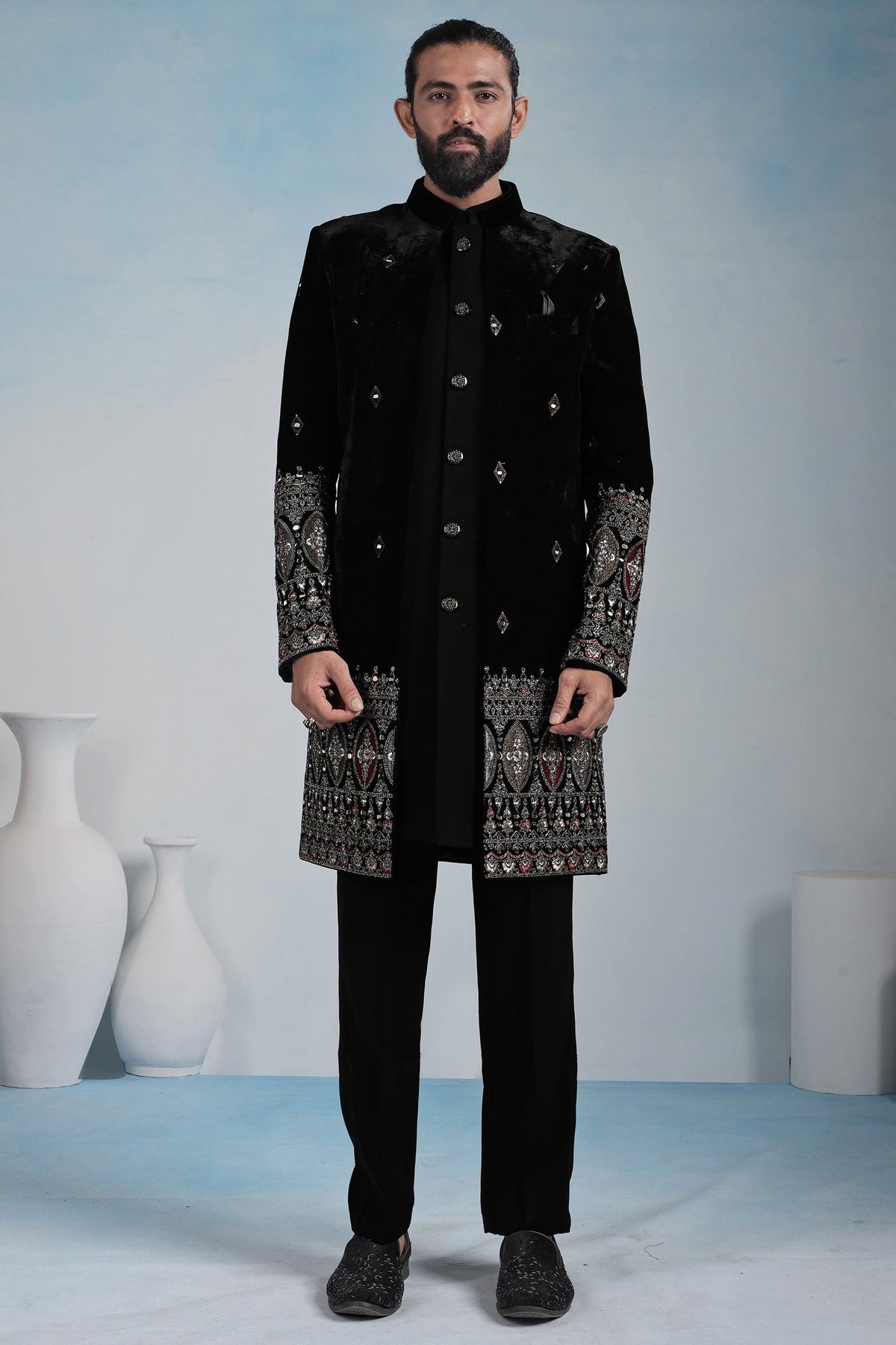 Black Silk Embroidered Jacket Indo Western Set