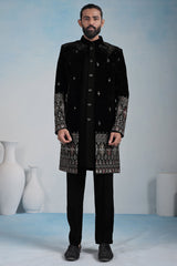 Black Silk Embroidered Jacket Indo Western Set