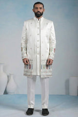 Off White Silk Embroidered Jacket Indo Western Set