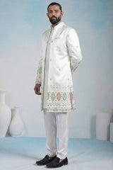 Off White Silk Embroidered Jacket Indo Western Set