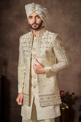 Cream Silk Sequin Embroidered Jacket Indo Western Set