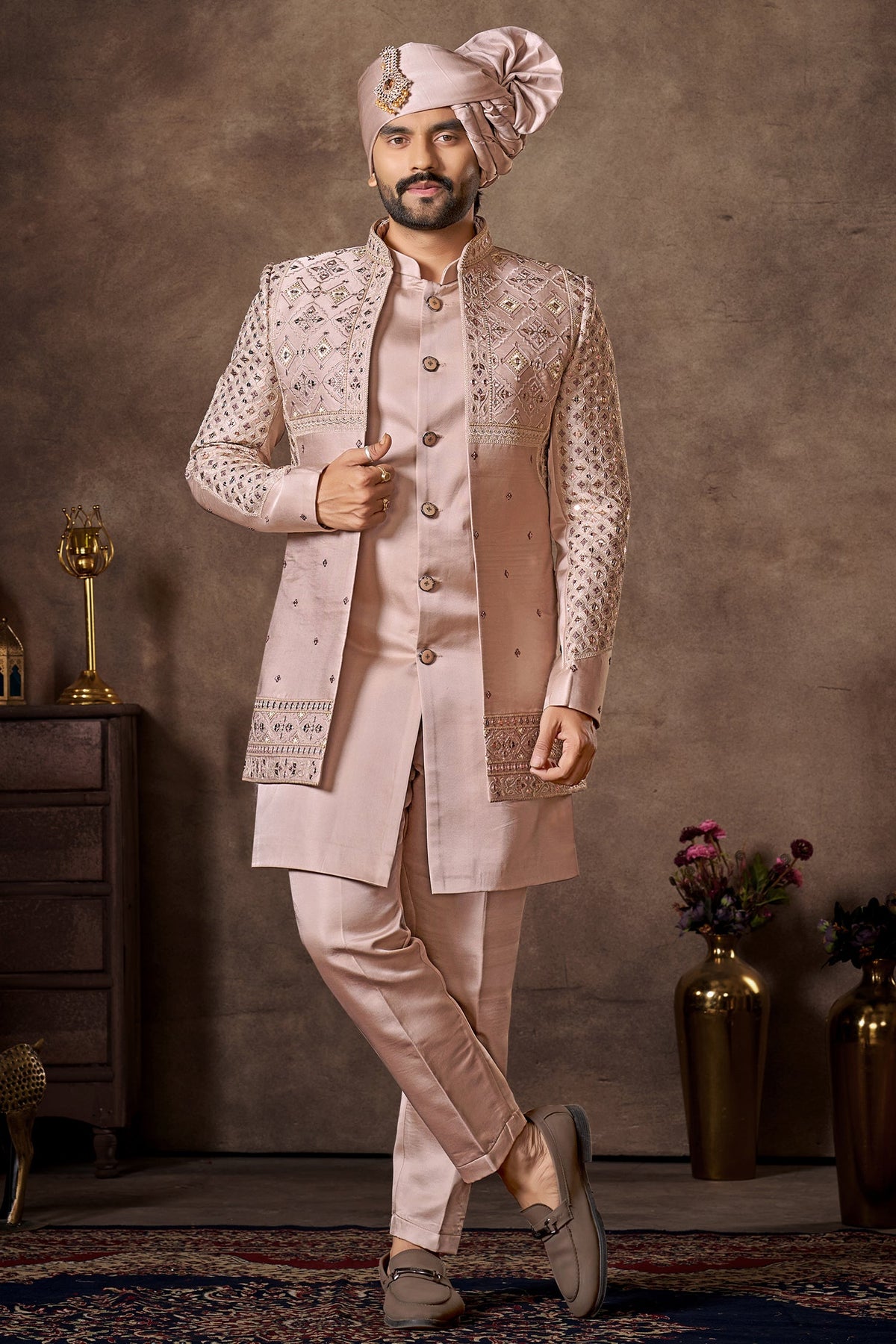 Light Pink Sequin Embroidered Jacket Indo Western Set