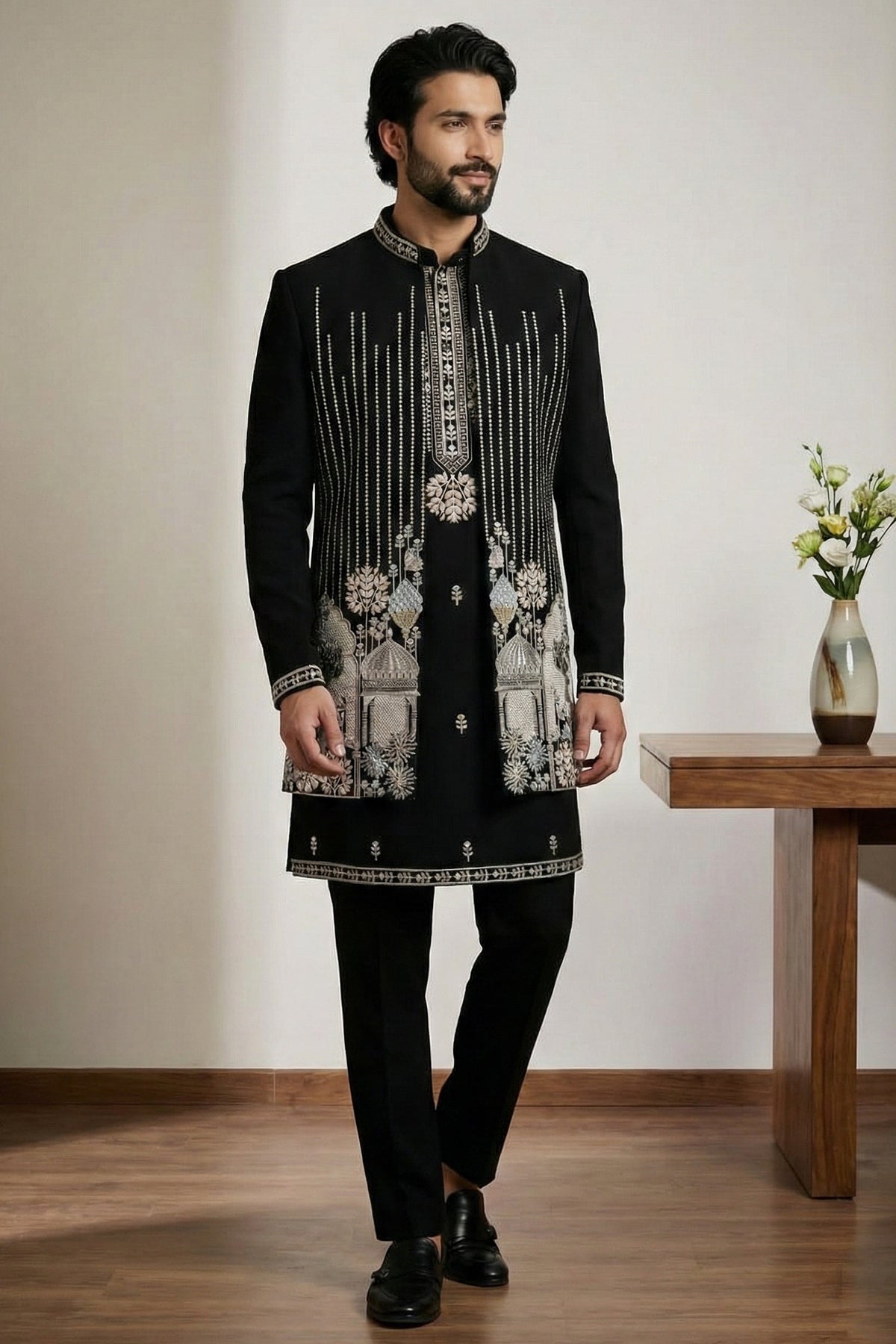 Black Satin Embroidered Jacket Indo Western Set