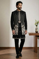Black Satin Embroidered Jacket Indo Western Set