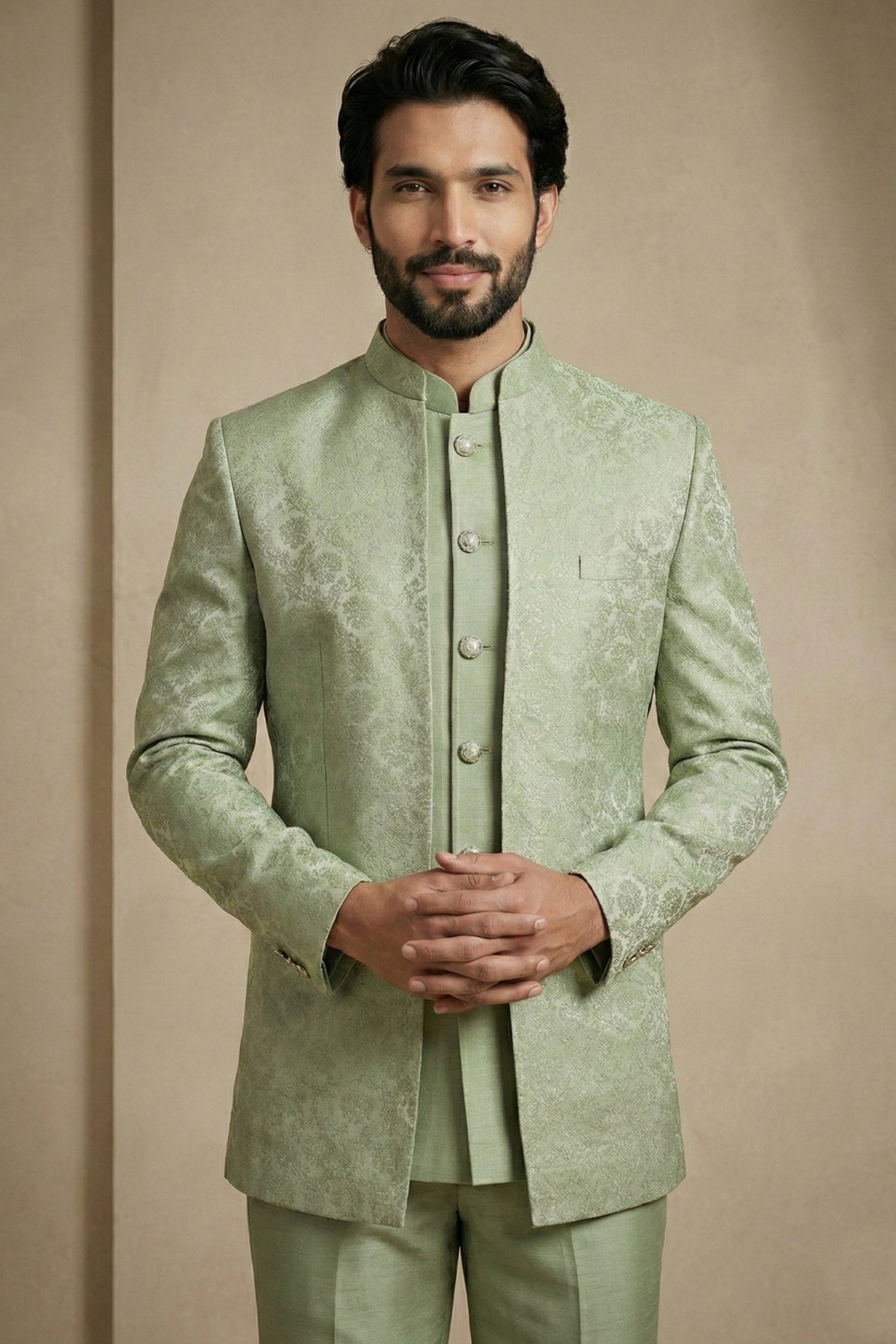 Olive Green Satin Jacquard Satin Jacket Indo Western Set