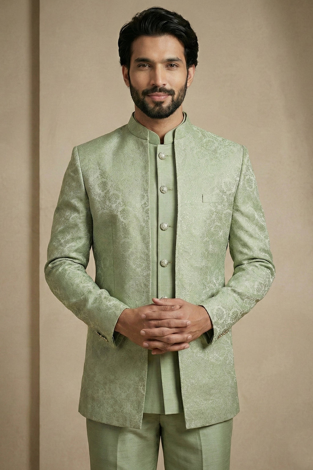 Olive Green Satin Jacquard Satin Jacket Indo Western Set