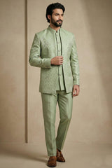 Olive Green Satin Jacquard Satin Jacket Indo Western Set