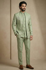 Olive Green Satin Jacquard Satin Jacket Indo Western Set