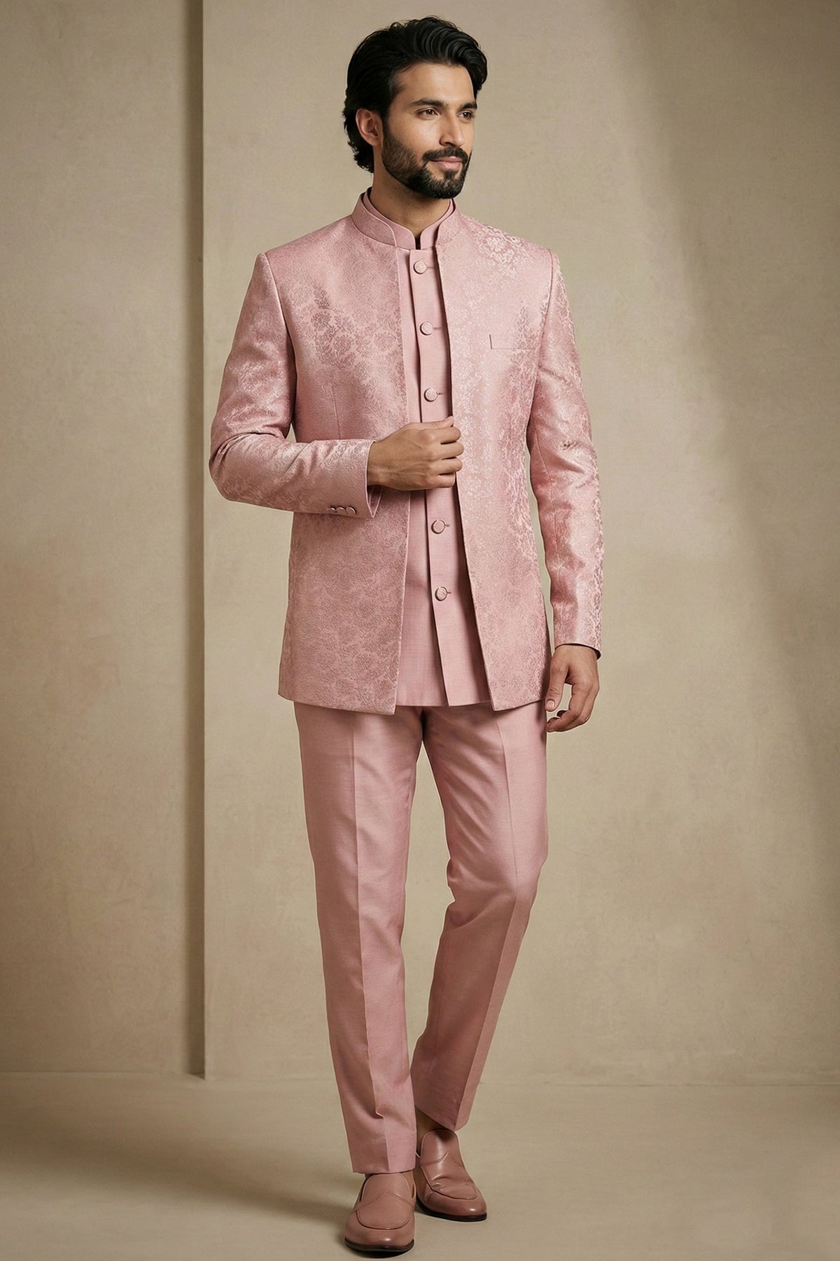 Light Pink Satin Jacquard Satin Jacket Indo Western Set